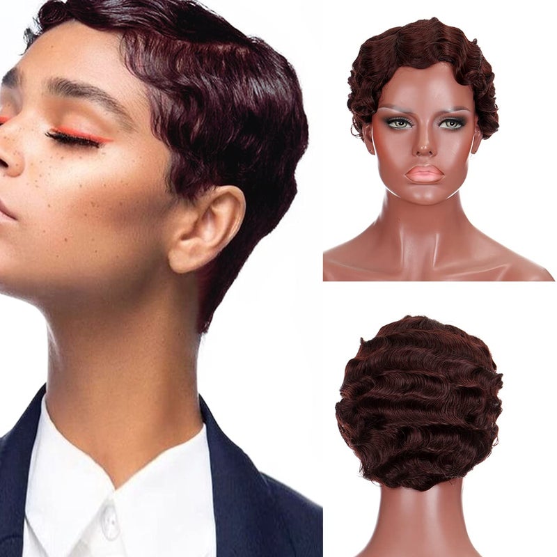 DIFEI 15 Colors Women Black Blonde Golden Brown Pink Blue Wine Red Short Finger Wave Curly Wigs Nuna Wigs Janet Collection Dark brown